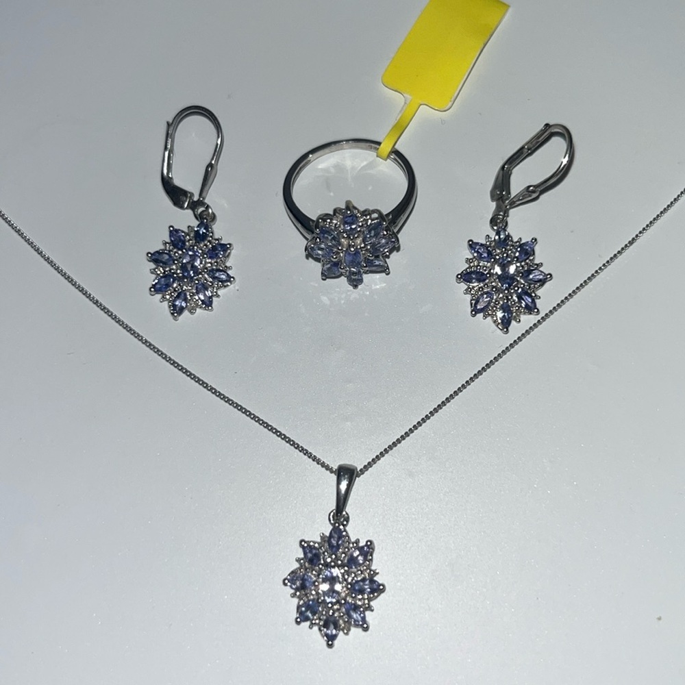 Jewelry set. Ring size 6, 18” necklace, and earrings. 925 silver. - Picture 1 of 8